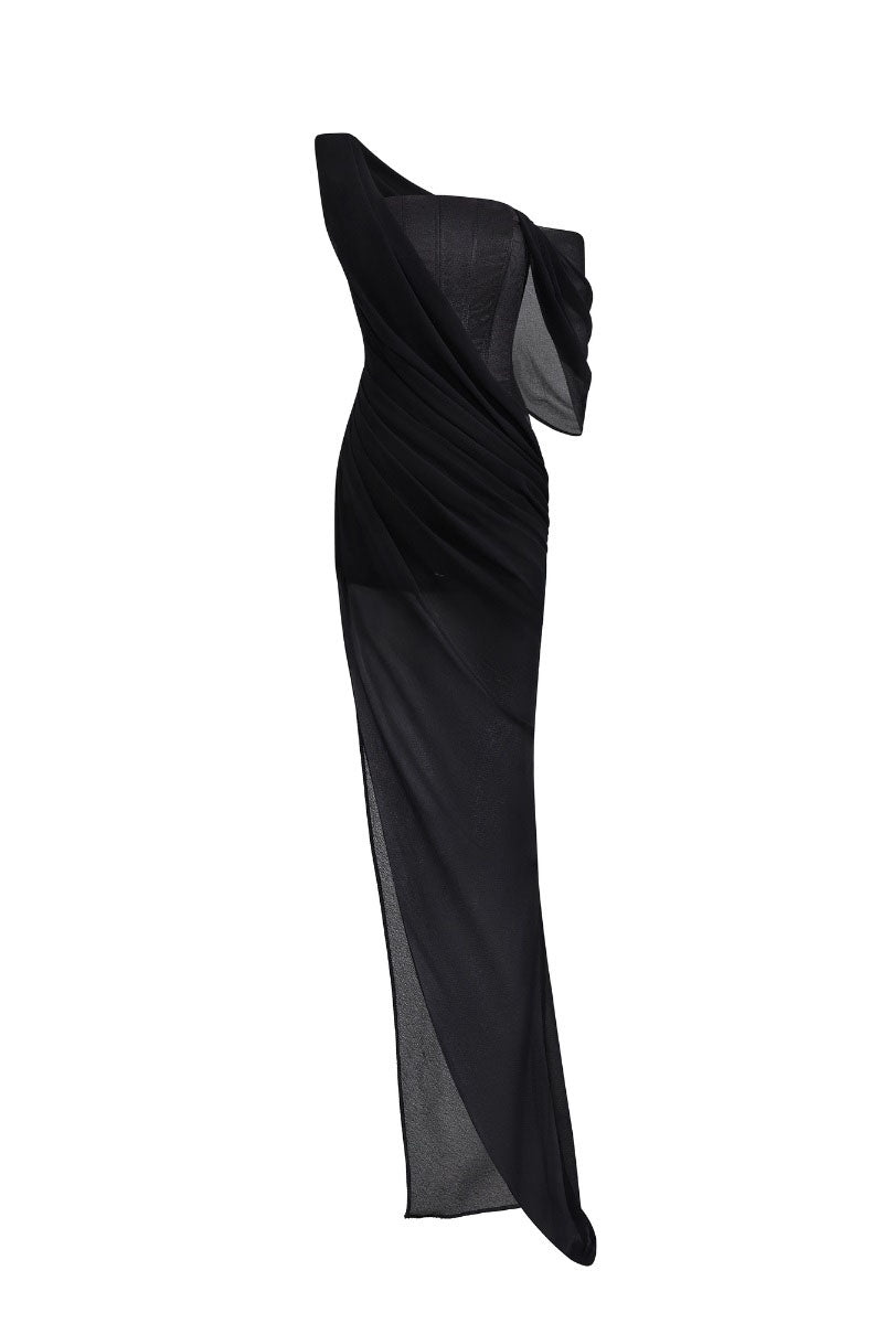 BLACK OFF-SHOULDER SLIT MAXI DRESS