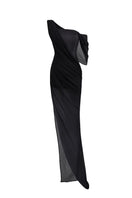 Black off-shoulder slit maxi dress by CEM, flowing fabric with elegant off-shoulder design and high slit for a stylish look.