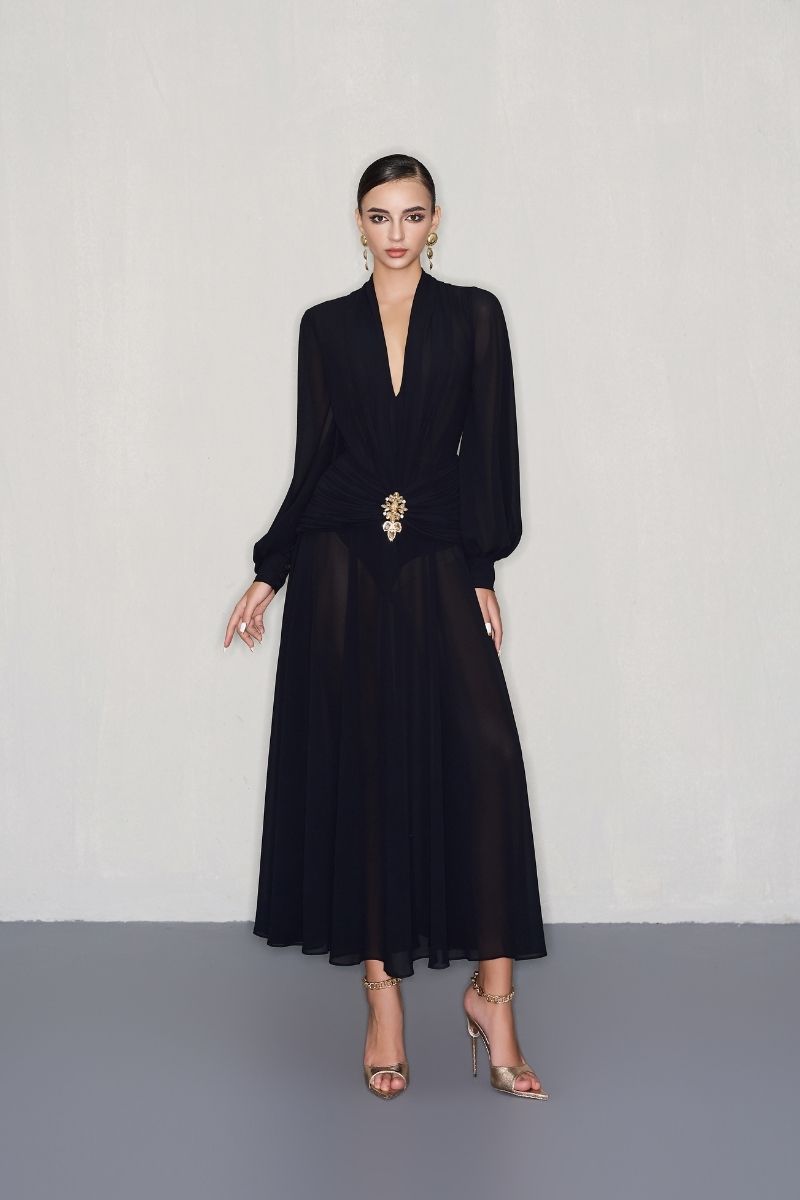GOLD JEWELED EMBELLISHMENT BLACK DRESS - CULT MIA