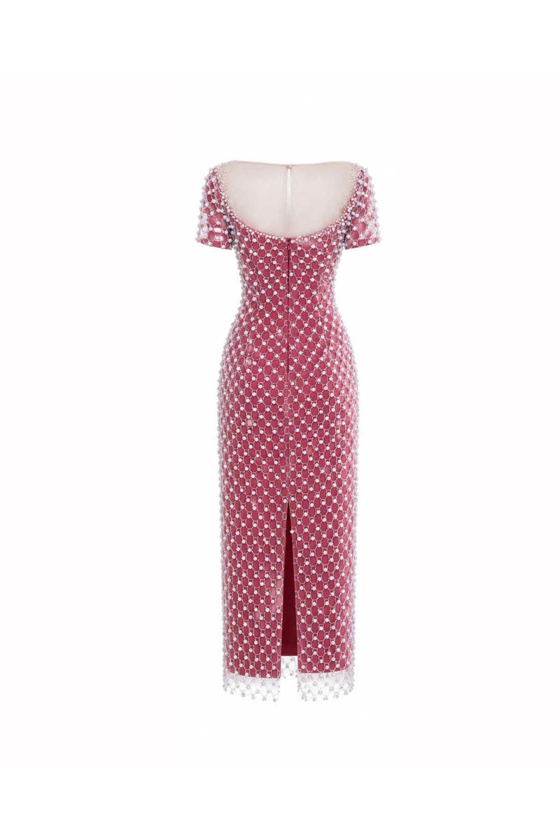 Hacchic Couture Camellia Crystal Mesh Dress in rose pink, midi length with shimmering crystal embellishments and delicate mesh fabric.