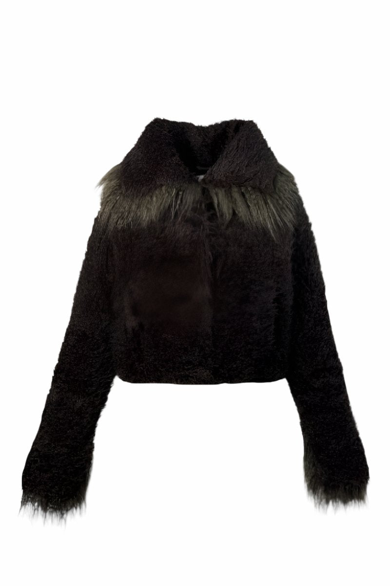 CROPPED FAUX FUR JACKET WITH TURN-UP CUFFS IN BROWN - CULT MIA