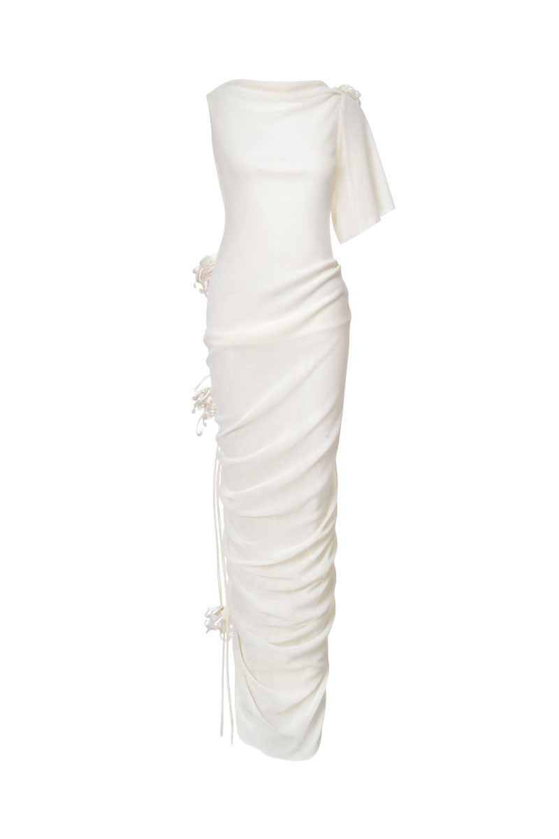Lecia milky white draped backless sheer maxi dress, flowing fabric, elegant design, perfect for formal or evening wear.