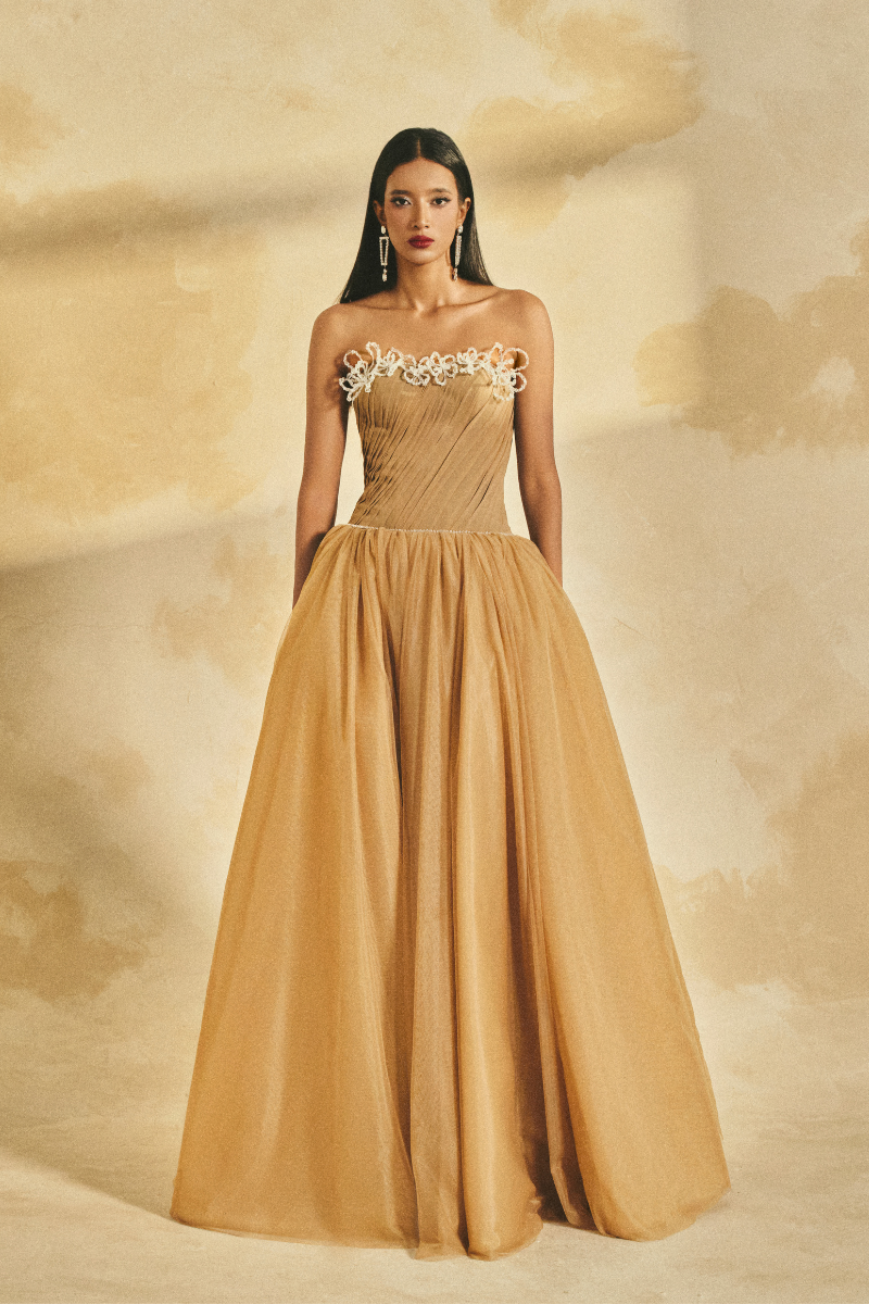 OFF-SHOULDER CHIFFON AND MESH GOWN
