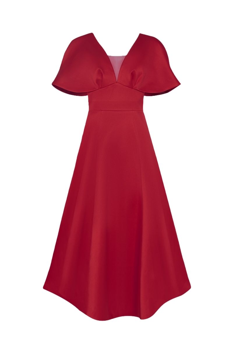 LIMA RED V-NECK PRINCESS MIDI DRESS - CULT MIA