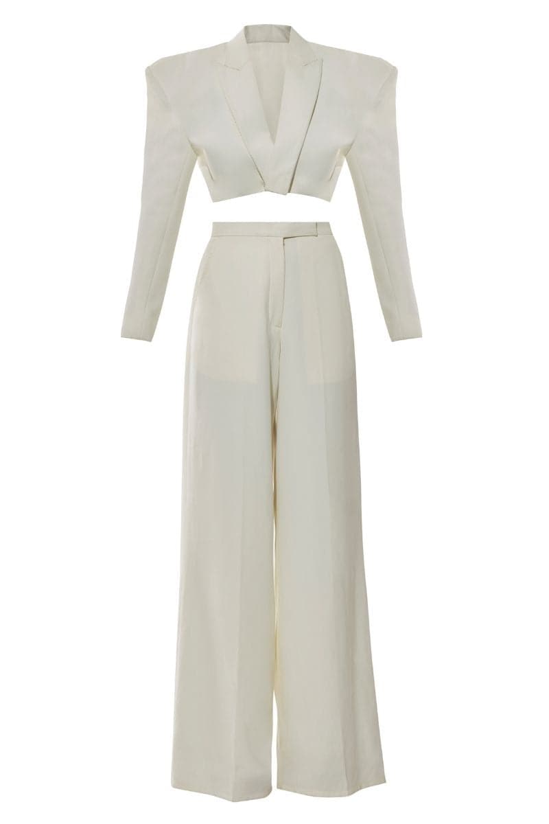 CARRIE OFF WHITE CROPPED BLAZER AND PANTS SET - CULT MIA