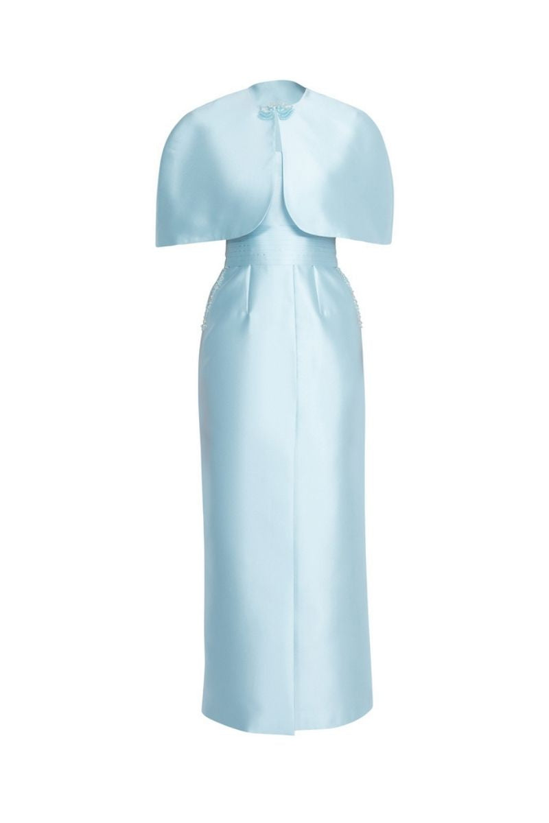 BLUE DETACHABLE MINI CAPE JACKET MAXI DRESS - CULT MIA