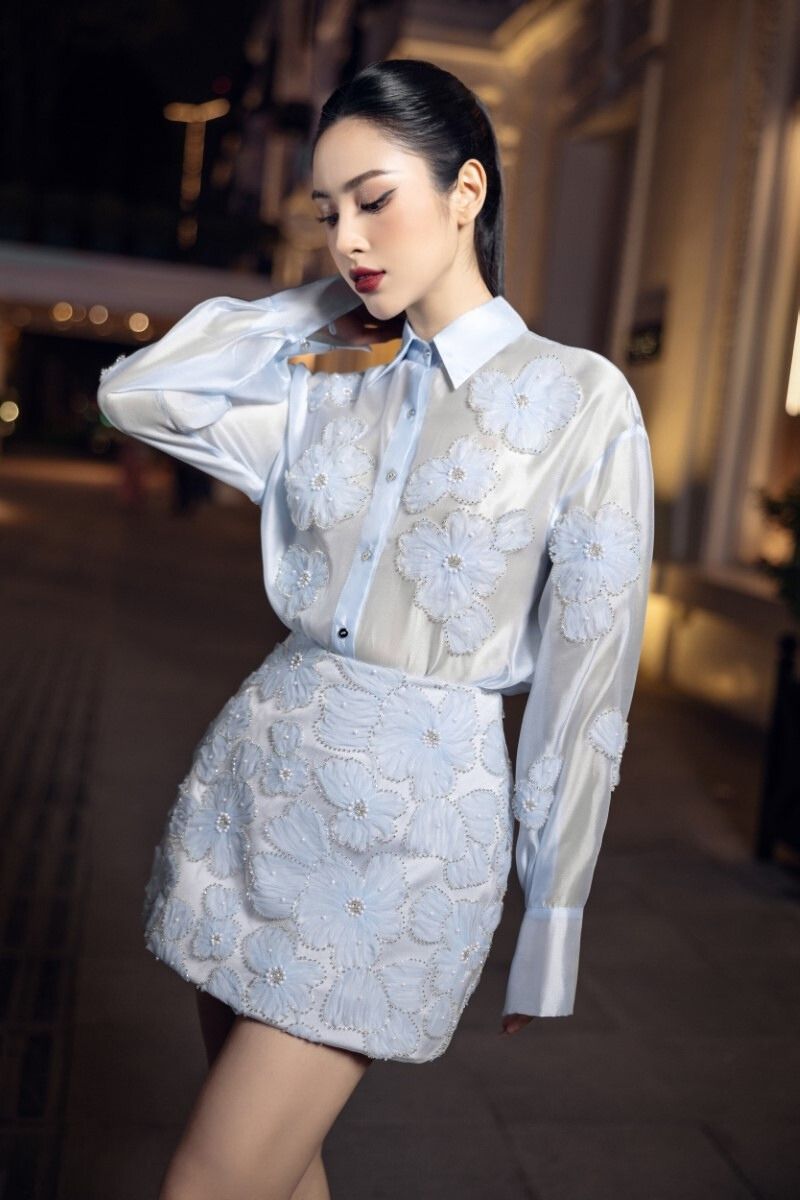 FELICIA BLUE SHINY SILK FLORAL SHIRT AND SKIRT SET - CULT MIA