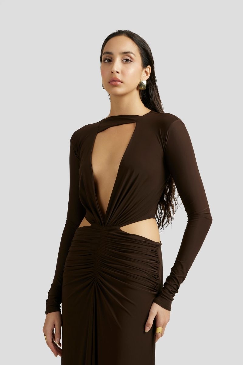 AMALIE MAXI DRESS IN CHOCOLATE BROWN - CULT MIA