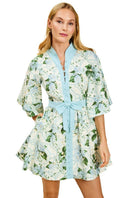 Mestiza New York Carmen mini dress in Quatrefoil Garden pattern, featuring a fitted silhouette and floral print fabric.