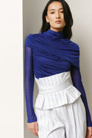 LECIA draped high-neck sheer top with flowy fabric and elegant design, shown on a model, perfect for stylish, lightweight tops.