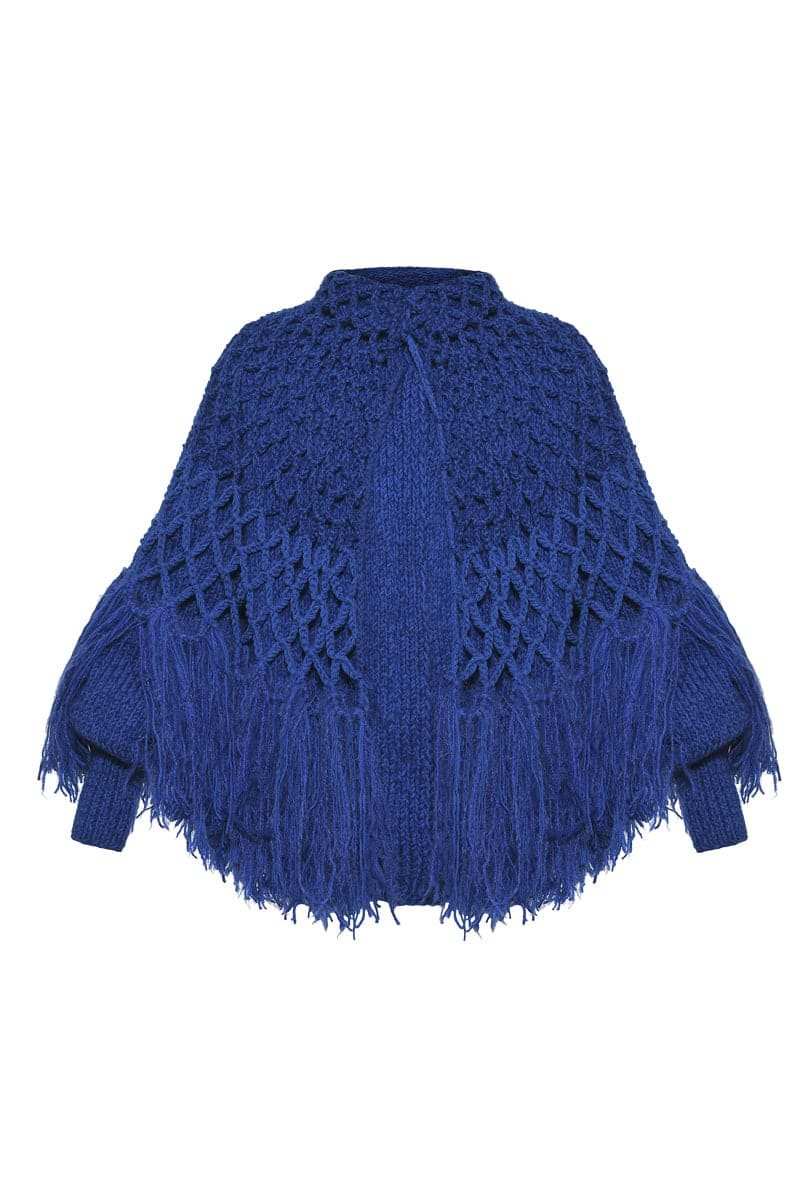 Blikvanger fringed poncho-style cardigan featuring a loose fit and fringed edges, stylish and cozy for casual wear.