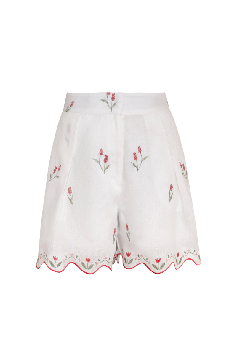 Estefania ivory tulip-patterned shorts with a relaxed fit, featuring a floral design and comfortable waist for casual wear.