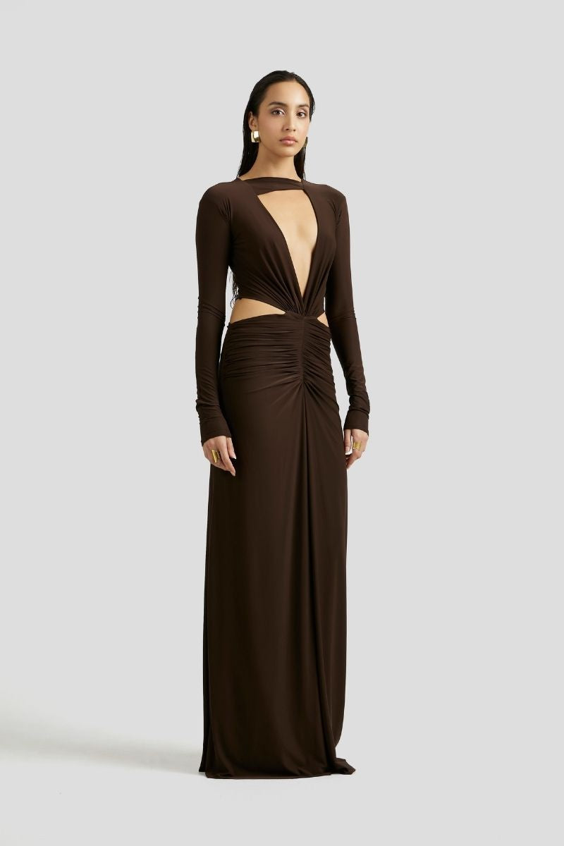 AMALIE MAXI DRESS IN CHOCOLATE BROWN - CULT MIA