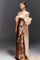 HAPPY CLOTHING CULT MIA X gown with paillette bow-sleeve design, elegant evening dress with shimmering embellishments.