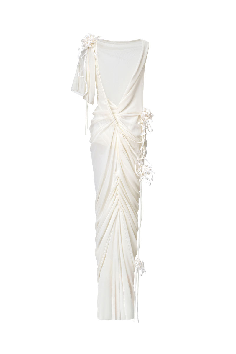 DRAPPED BACKLESS SHEER DRESS IN MILKY WHITE | CULT MIA