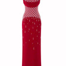 Crimson red Ruby Crystal corset gown by HACCHIC COUTURE featuring intricate crystal embellishments and a fitted, elegant silhouette.