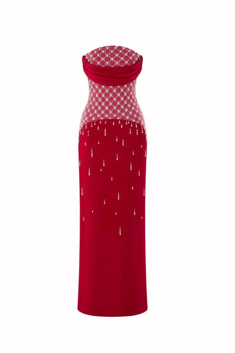 Crimson red Ruby Crystal corset gown maxi dress by HACCHIC COUTURE with intricate crystal details and flowing fabric.