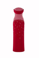 Crimson red Ruby Crystal corset gown by HACCHIC COUTURE featuring intricate crystal embellishments and a fitted, elegant silhouette.