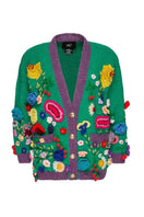 Lalo Floris green embroidered oversized cardigan with detailed floral embroidery and relaxed fit, shown on a model.