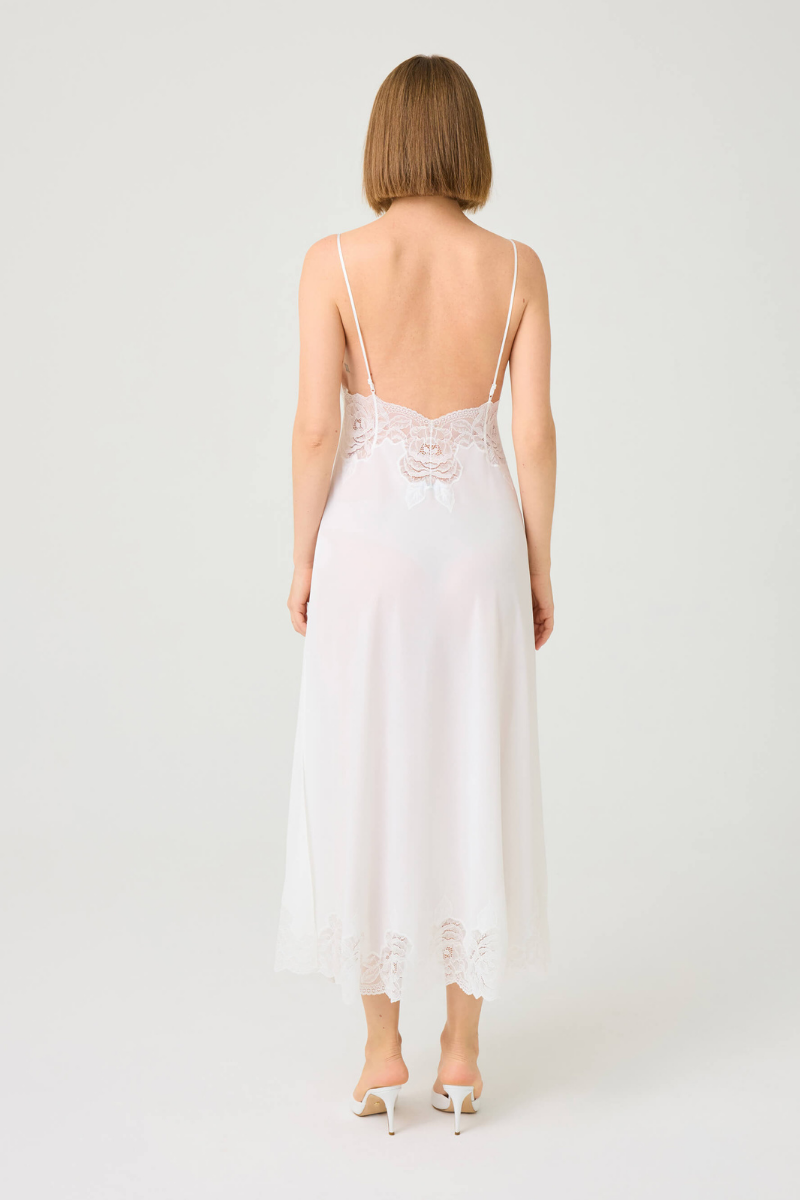 Bocan Couture Alba long silky chiffon nightgown with off-white lace detailing and flowing, elegant design.