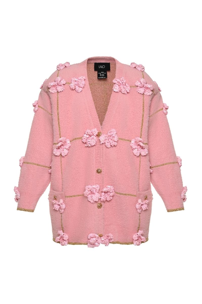 OVERSIZED CARDIGAN WITH FLOWERS IN PINK AND GOLD