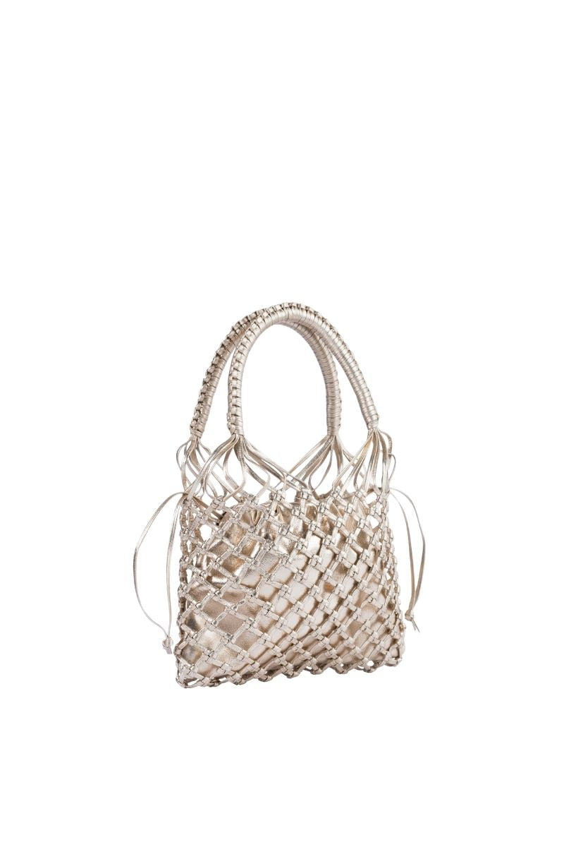 Adriana Castro La Red Mini Leather Top Handle Bag in gold with sleek design and compact size for stylish carry.