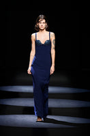 JC Pajares long gown in double crepe fabric featuring a flowing silhouette and a handmade ceramic cup accessory.