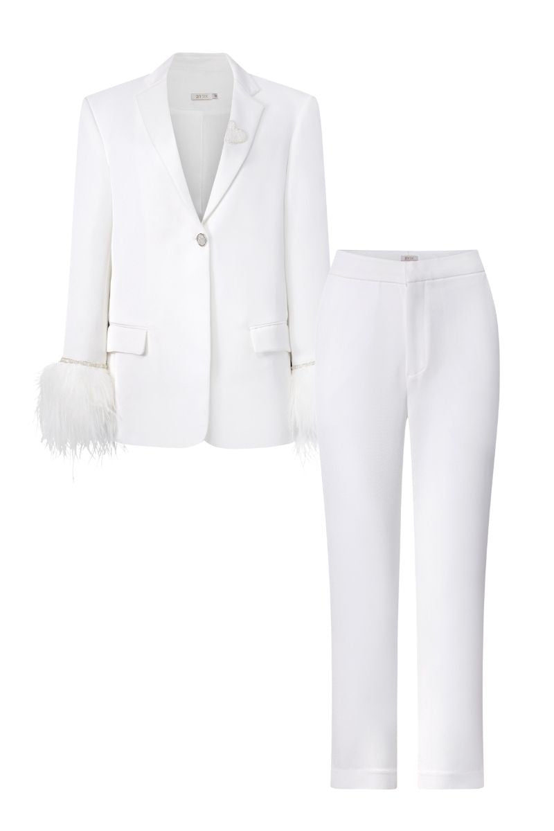 WHITE KELLY TAFFETA FEATHER SUIT JACKET AND PANTS SET - CULT MIA