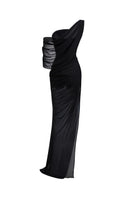 Black off-shoulder slit maxi dress by CEM featuring a flowing design and elegant off-shoulder style in a full-length dress.