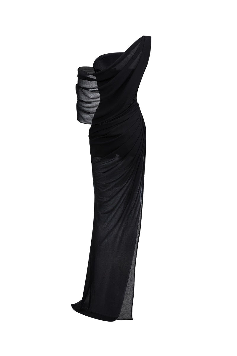 Black off-shoulder slit maxi dress by CEM featuring a flowing design and elegant off-shoulder style in a full-length dress.