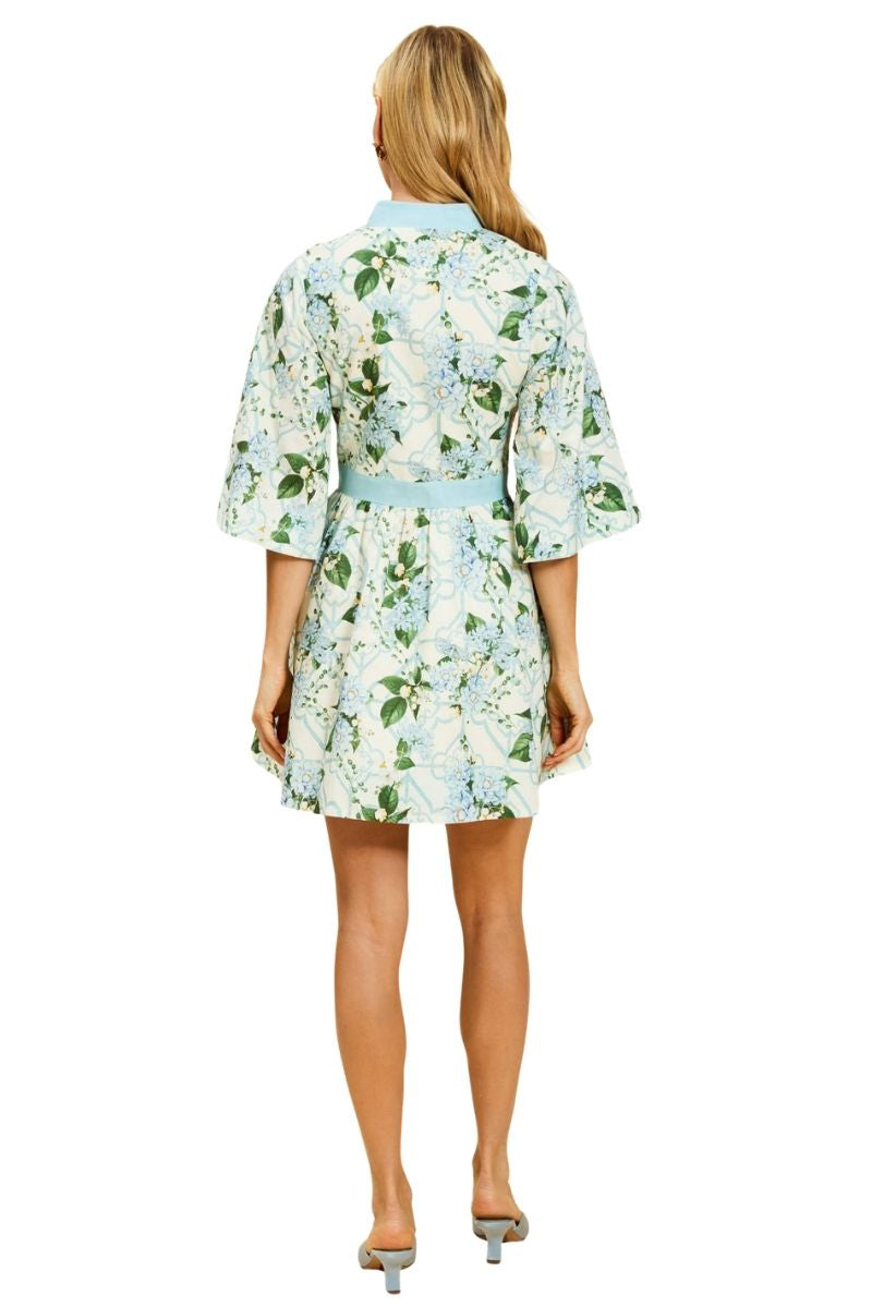 Mestiza New York Carmen mini dress in Quatrefoil Garden print, featuring a fitted silhouette and floral pattern.