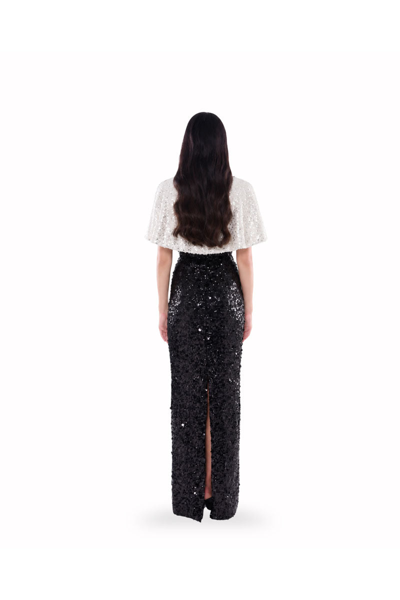 HACCHIC COUTURE Luna Cape Gown in black, elegant maxi dress with flowing fabric and cape detail, perfect for formal occasions.
