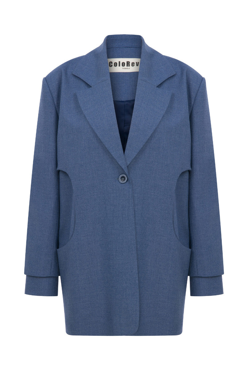 Blue ColoReve Hole Blazer, stylish tailored blazer with a modern cut, shown on a model with a sleek design and sharp lapels.