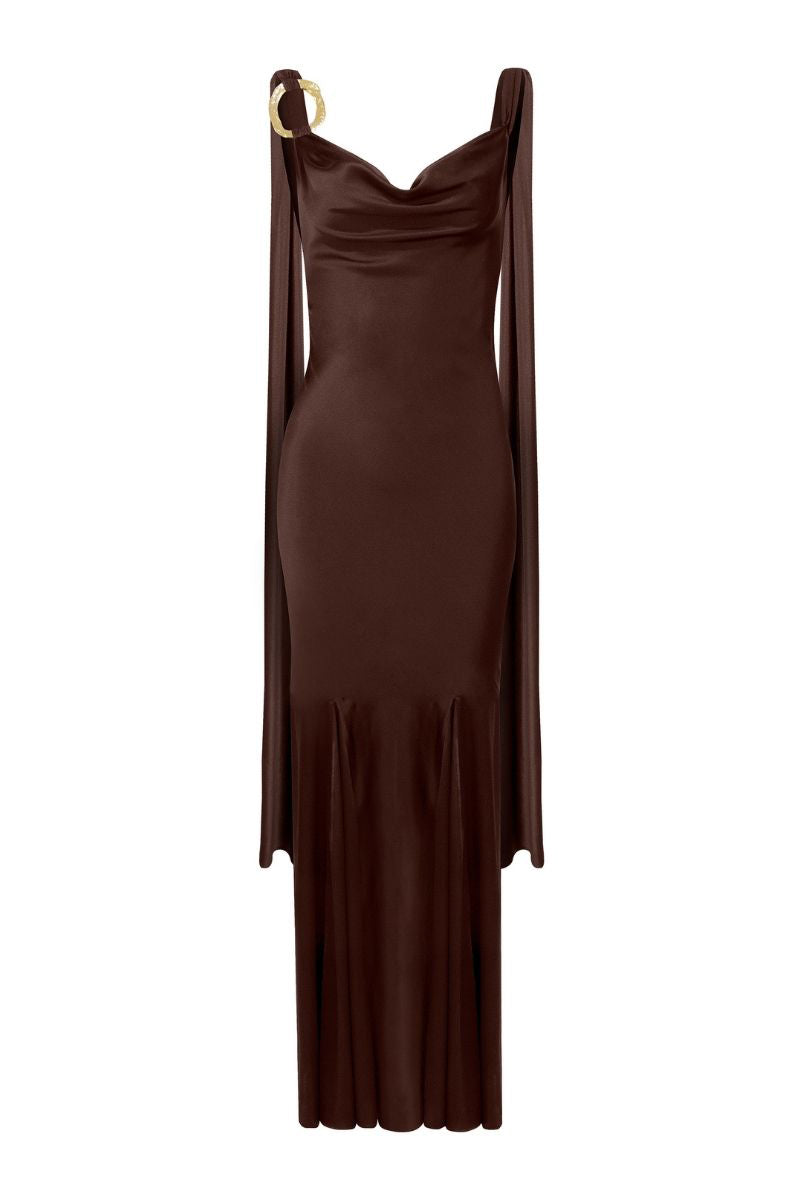 LEDIEL Habana brown gown featuring elegant design and flowing fabric, perfect for formal occasions.