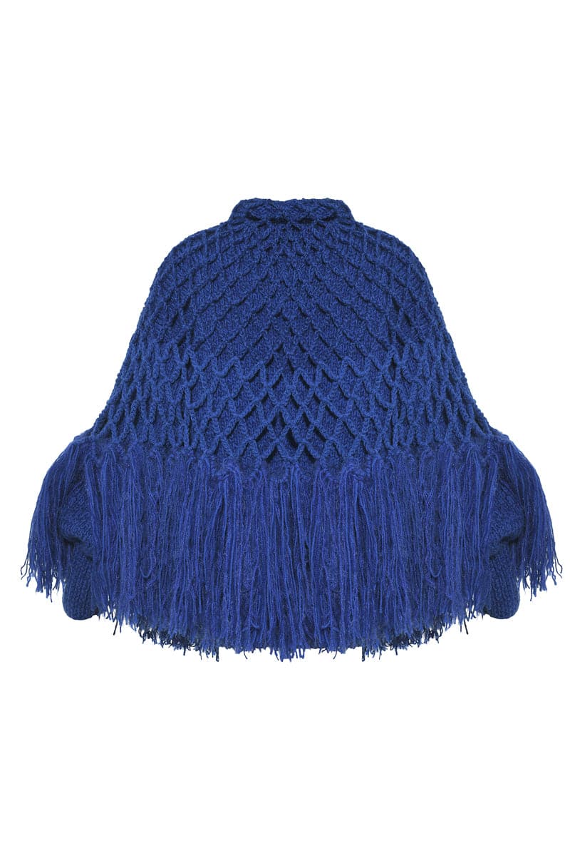 Blikvanger fringed poncho-style cardigan featuring a relaxed fit, soft fabric, and tasseled edges for a casual, boho look.