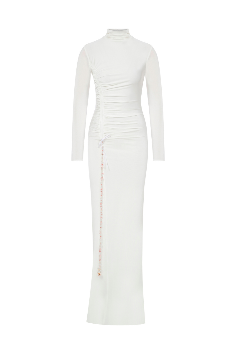 JERSEY MAXI DRESS WITH STONE ACCESSORIES IN WHITE - CULT MIA