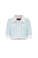 Valenciani mint cropped jacket with long sleeves and front pockets, stylish and lightweight for casual wear.