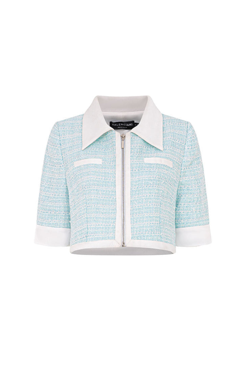 Valenciani mint cropped jacket with long sleeves and front pockets, stylish and lightweight for casual wear.