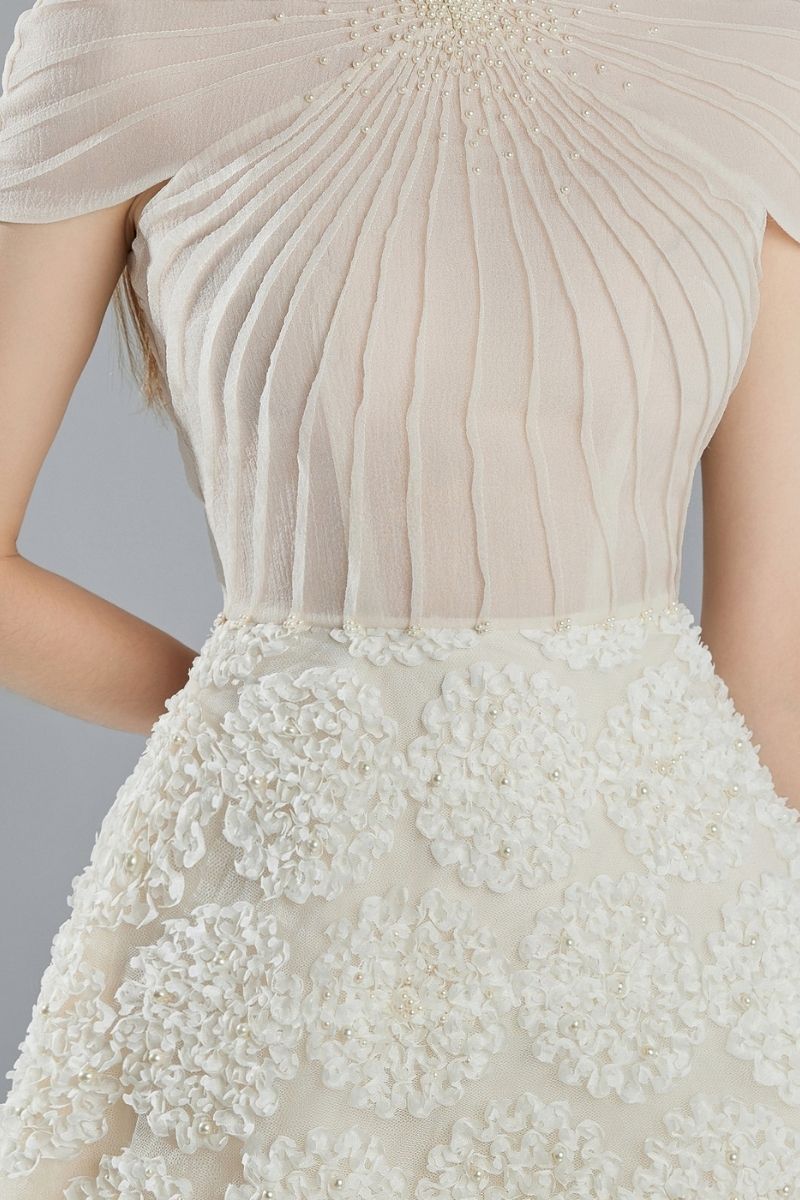 MELINA BEIGE A-LINE ORGANZA MINI DRESS - CULT MIA