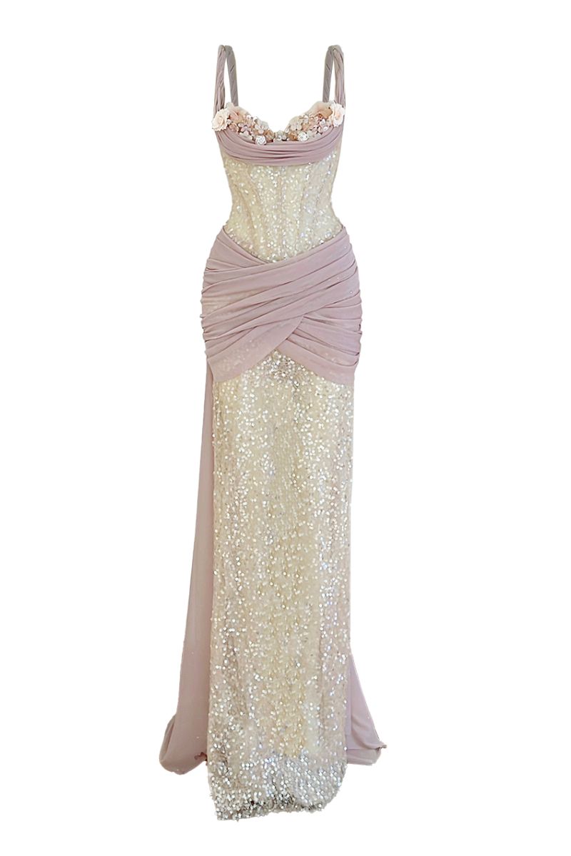 Floral nude gown by Do Long featuring elegant fabric and floral design, perfect for formal occasions or evening wear.