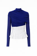 LECIA draped high-neck sheer top showing flowing fabric and elegant design, perfect for stylish evening wear.
