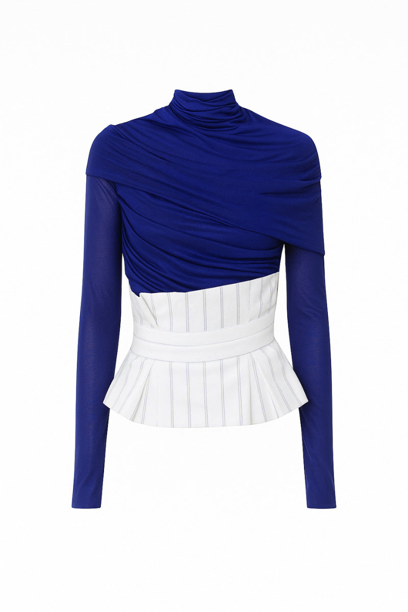 LECIA draped high-neck sheer top showing flowing fabric and elegant design, perfect for stylish evening wear.