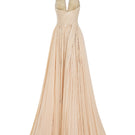 Beige crystal chiffon gown by CEM featuring flowing fabric and elegant design, perfect for formal occasions.