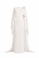 Elegant White Plan Chariot gown with flowing fabric and intricate detailing, perfect for formal occasions.