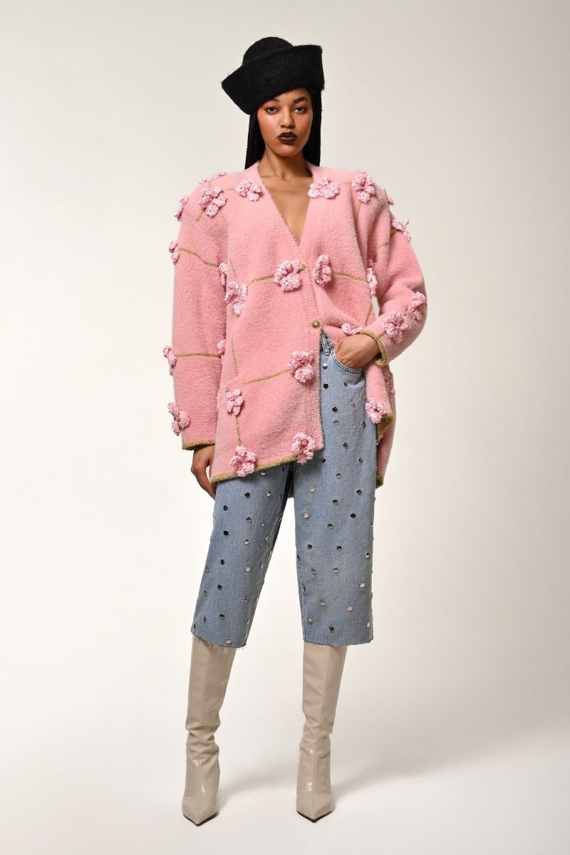 OVERSIZED CARDIGAN WITH FLOWERS IN PINK AND GOLD