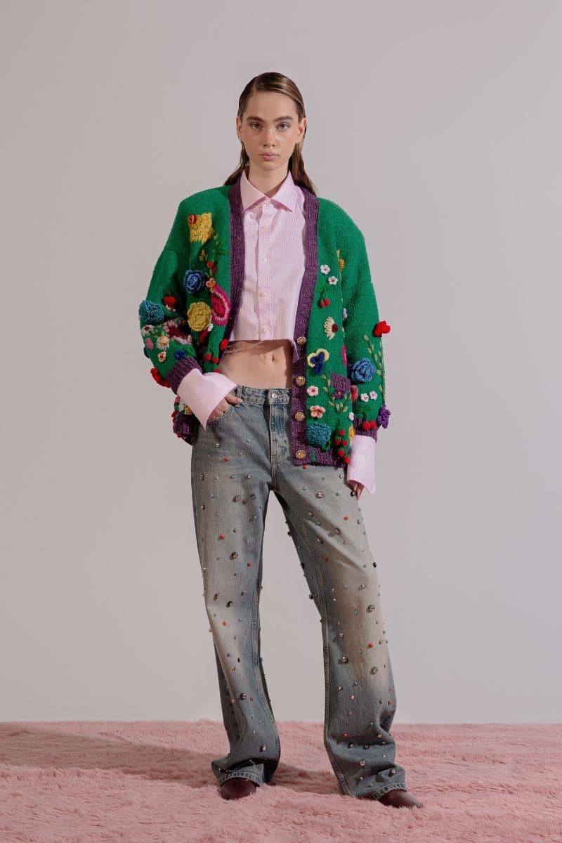 FLORIS GREEN EMBROIDERED OVERSIZED CARDI - CULT MIA