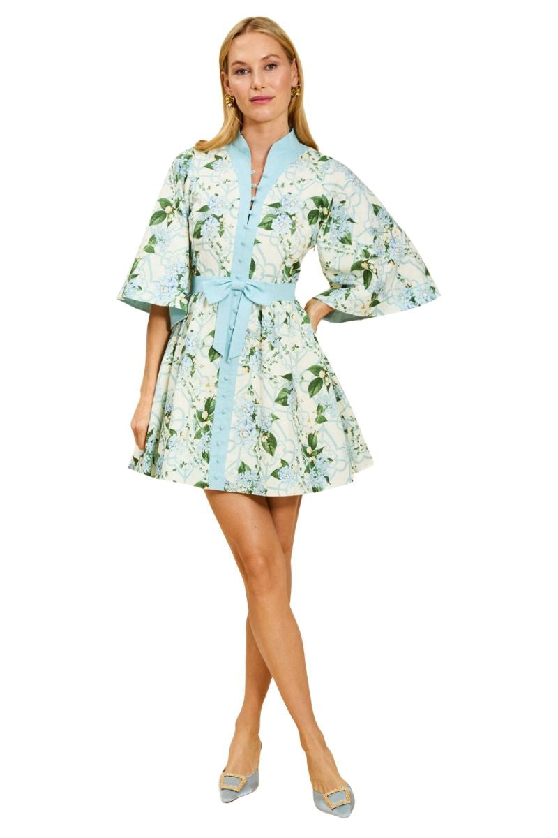 Mestiza New York Carmen mini dress in Quatrefoil Garden print, featuring a stylish short dress with floral pattern and fitted silhouette.