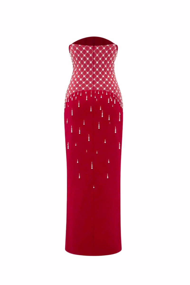 Crimson red Ruby Crystal corset gown by HACCHIC COUTURE featuring intricate crystal embellishments and a flowing maxi dress silhouette.