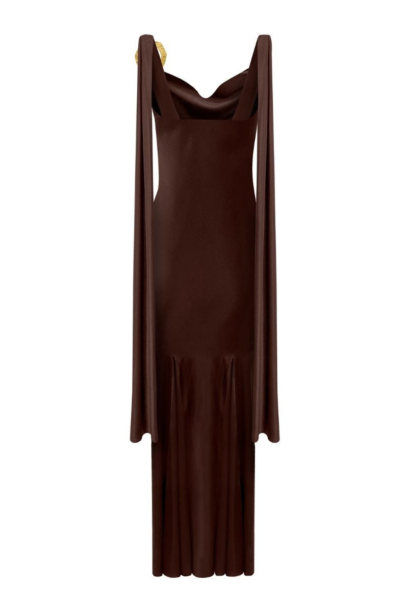 LEDIEL Habana brown gown with elegant design, featuring flowing fabric and stylish details for sophisticated evening wear.