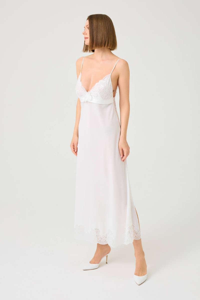 ALBA LONG SILKY CHIFFON NIGHTGOWN WITH OFF WHITE LACE - CULT MIA